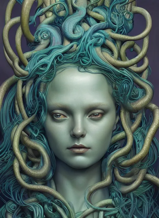 Prompt: medusa wax sculpture, art nouveau swirls, strong subsurface scattering, in the style of james jean and tomasz alen kopera, mystical colors, rim light, soft lighting, 8 k, stunning scene, raytracing, octane render, trending on artstation