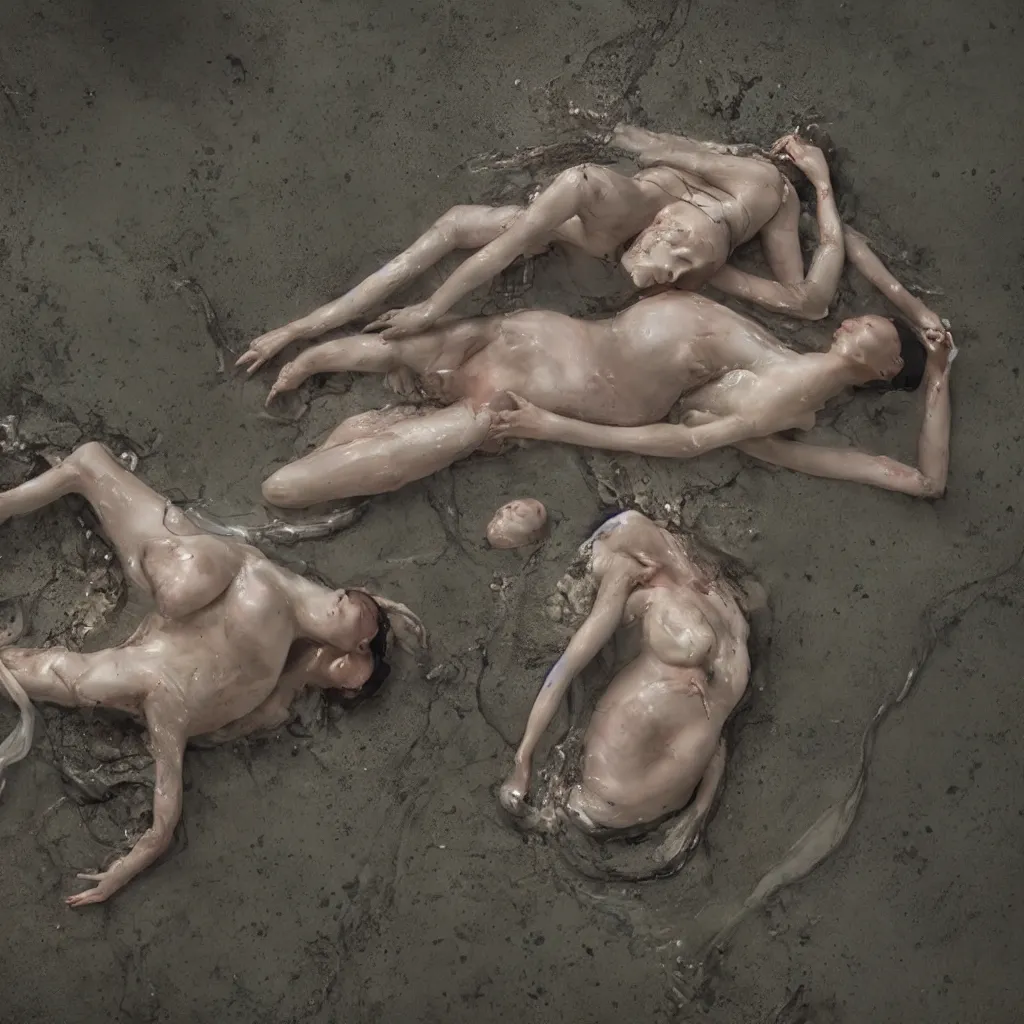 Prompt: overhead view of iridiscent oil slick with a woman's corpse connected by an umbilical cord to a baby buried under oil slick, faded, depth of field,, ultra realistic, very detailed, by hans bellmer and nadav kander, 8 k hyper realistic detailed cinematic