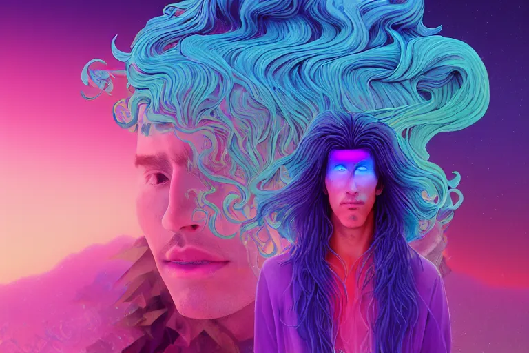 Image similar to cell shaded, muted vaporwave ombre. double exposure, druid of creativity, flowing hair, beautiful character fashion design, by josan gonzalez, shag, nagel, and paul lehr and david heskin and seb mckinnon and jared s. merantz and alex grey, hi - fructose, 8 k, digital matte painting