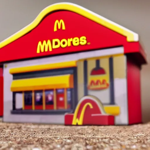 Prompt: macro photography of ho scale miniature mcdonalds happy meal box