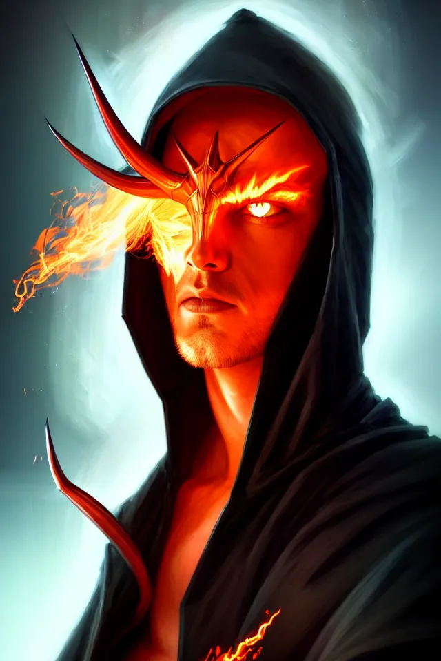 Image similar to a striking portrait of a pitch black hooded male figure with jagged horns and flaming red eyes by moebius and ross tran and artgerm, trending on artstation, digital art, 4 k resolution, detailed, high quality, sharp focus, hq artwork, insane detail, volumetric lighting, character concept art, fine details, clear face