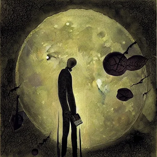 Prompt: looking at the full moon, transparent soul leaving the body, dave mckean