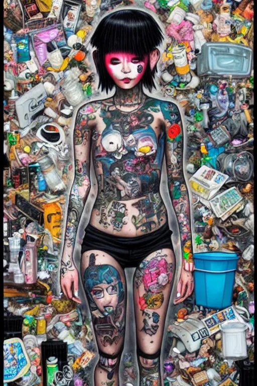 Image similar to full view, from a distance, of anthropomorphic trashcan full of trash, who is cyberpunk girl with tattoos, style of yoshii chie and hikari shimoda and martine johanna, highly detailed