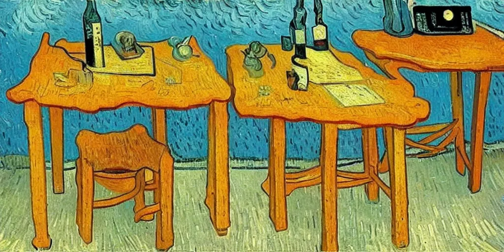 Prompt: An oil painting of a table with a computer on it, by Van Gogh