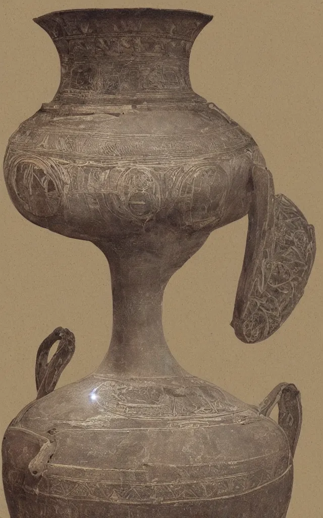 Prompt: a beautiful, ancient, iron made greek amphora container, museum item, with drawings of tom cruise