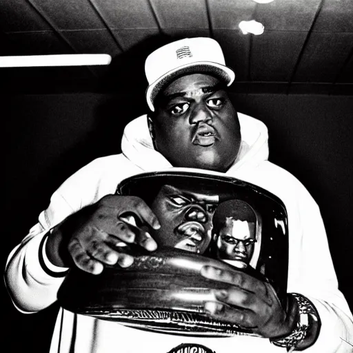 Prompt: biggie smalls holding a bowling ball to the camera, 90s rap album cover style,
