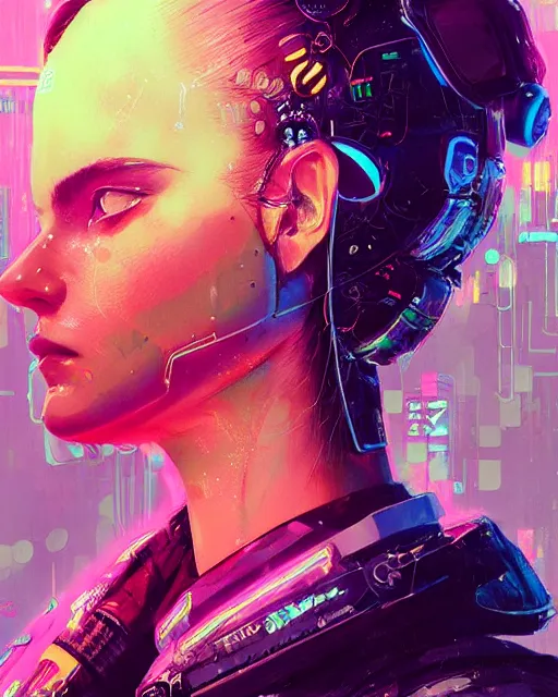 Image similar to detailed side profile portrait Neon Operator Girl, cyberpunk futuristic neon, reflective puffy coat, decorated with traditional Japanese ornaments by Ismail inceoglu dragan bibin hans thoma greg rutkowski Alexandros Pyromallis Nekro Rene Maritte Illustrated, Perfect face, fine details, realistic shaded, fine-face, pretty face