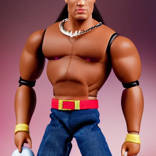 Prompt: The Rock as a barbie doll, Mattel, studio product photography, professional, detailed, f/8.0