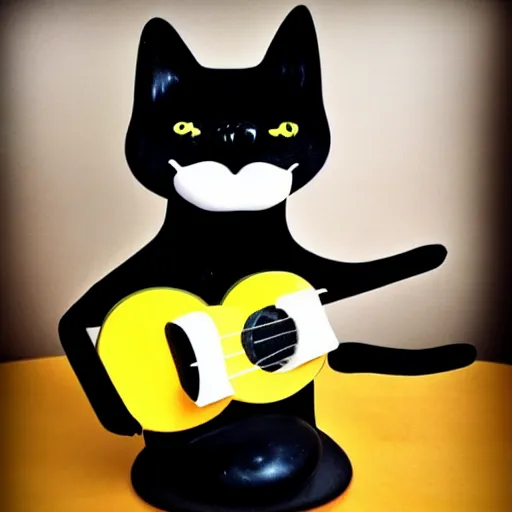 Image similar to A Hyperealistic black Cat with a body made out of cheese playing guitar.