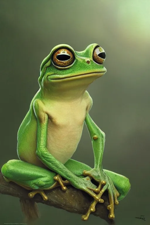 Prompt: photorealistic portrait photograph of pepe!! the frog, upper body, handsome, depth of field, soft focus, highly detailed, intricate, realistic, national geographic cover, soft glow, textured, artstation, concept art, sharp focus, illustration, art by artgerm and greg rutkowski and alphonse mucha