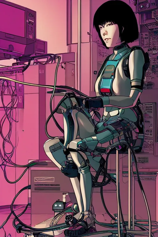 Prompt: cyberpunk illustration of female android motoko kusanagi seen from the side, seated in the lab, with wires and cables coming out of her head and back, by moebius, masamune shirow and katsuhiro otomo, colorful, detailed