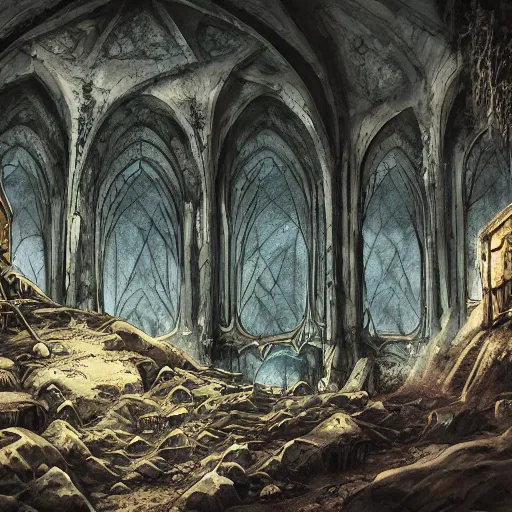 Prompt: abandoned ruined cave city, gothic art, color, detailed, eerie, emotional, sad, highly detailed, sharp focus, motherboard, Artstation, deviantart, artgem, insane detail, watercolor, golden ratio, in the style of Heavy Metal Comics