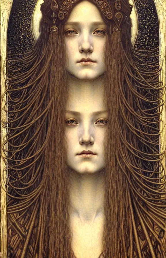 Image similar to detailed realistic beautiful young medieval queen face portrait by jean delville, gustave dore and marco mazzoni, art nouveau, symbolist, visionary, gothic, pre - raphaelite. horizontal symmetry