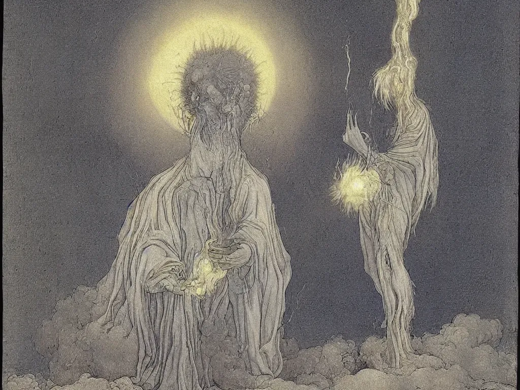 Image similar to Portrait of thistle headed albino demigod in a white cloth taming the nuclear explosion. Sculpting dark, blue smoke. Painting by Lucas Cranach, Moebius, Alfred Kubin