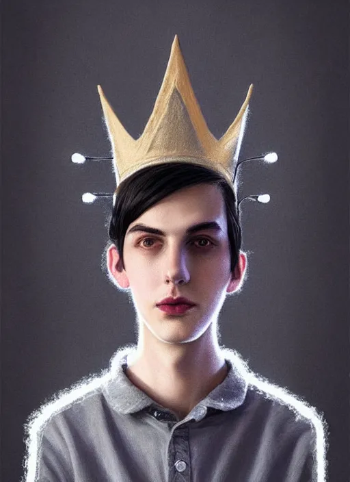 Image similar to portrait of teenage jughead jones wearing a light grey crown, photorealistic, crown made of fabric, crown made of felt, black hair, intricate, elegant, highly detailed, digital painting, glowing lights, artstation, concept art, smooth, sharp focus, illustration, art by wlop, mars ravelo and greg rutkowski