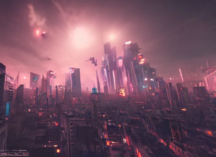 Image similar to cyberpunk scifi scene of paris at night, scifi drones in the sky, artstation, matt painting, very detailed, maximalism, ambient occlusion, volumetric light, atmospheric haze, unreal engine, hyper realism, realistic shading, cinematic composition, realistic render, octane render, detailed textures, photorealistic, wide shot