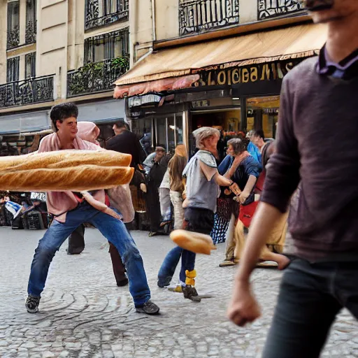 Prompt: closeup portrait of people fighting baguettes in a paris street, by Steve McCurry and David Lazar, natural light, detailed face, CANON Eos C300, ƒ1.8, 35mm, 8K, medium-format print