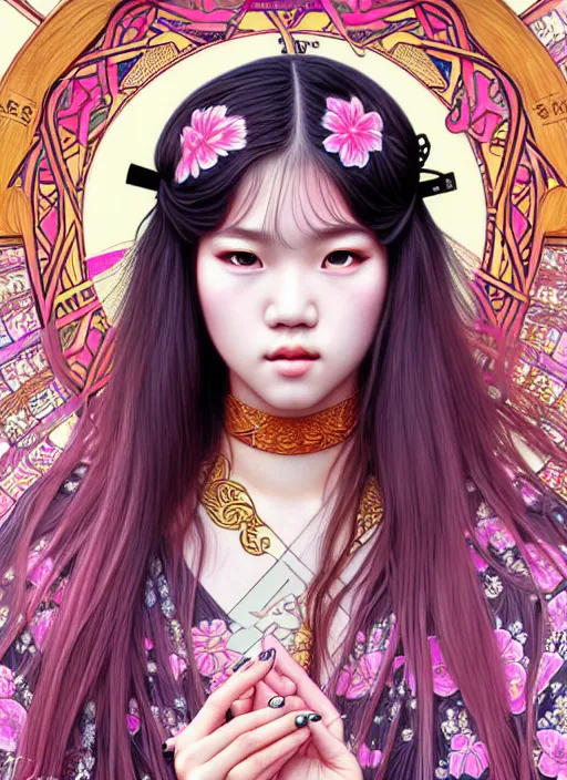 Prompt: jossi of blackpink, yukata, tarot card, highly detailed, digital painting, smooth, sharp focus, illustration, ultra realistic, 8 k, art by artgerm and alphonse mucha