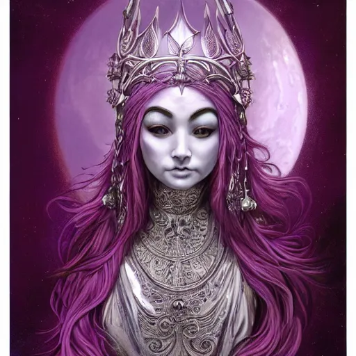Prompt: painting of gorgeous prophetess of the moon, silver filigree armor and tiara, moon above head, purple wavy hair, smooth translucent skin, wide striking eyes, beautiful! coherent! symmetrical body, by brom, by junji ito, by brian froud, strong line, high contrast, muted color, preraphaelite style, 4 k, trending on artstation