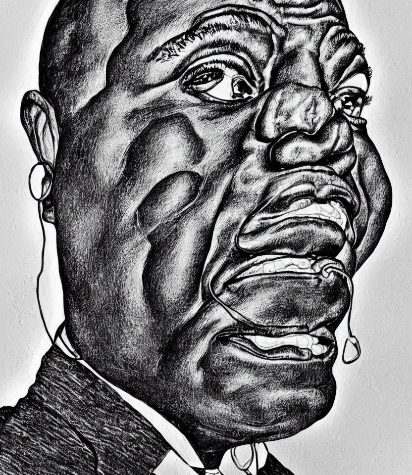 Prompt: detailed line art portrait of louis armstrong, inspired by egon schiele. elegant, minimalist, bold contour lines, musicality, soft twirls curls and curves, confident personality, raw emotion