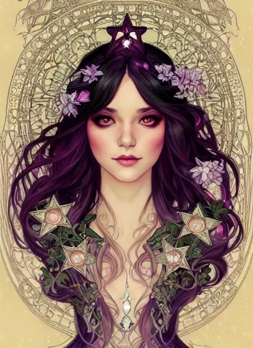 Image similar to fantastic portrait of a beautiftul witch with some shinny star, royally decorated crystal gemstones, symmetrical face, art nouveau, portrait, cute, fairy, by artgerm, kelly mckernan, charlie bowater, alphonse mucha, detailed background, artstation, intricate, elegant, highly detailed