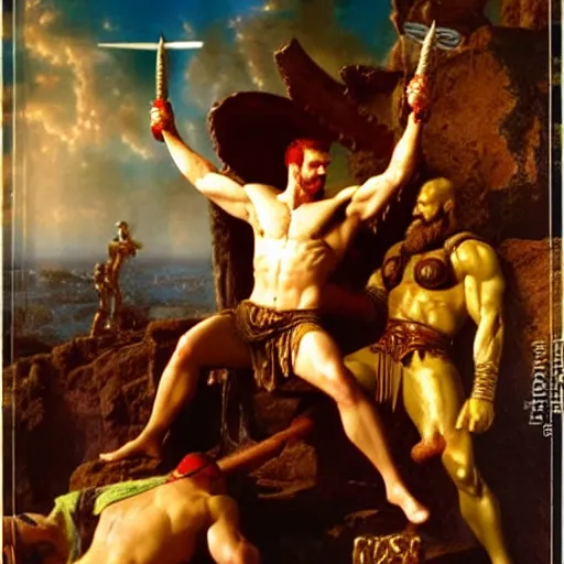 Prompt: ares the god of war accuses hercules of betrayal! zeus sits on the throne of olympus, heavenly marble, ambrosia served on golden platters, painting by gaston bussiere, craig mullins, j. c. leyendecker, tom of finland