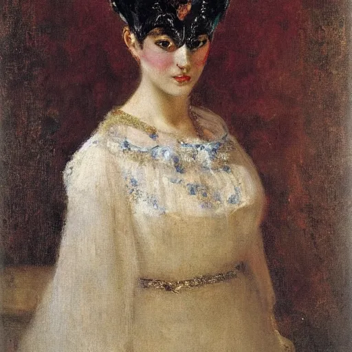 Image similar to portrait of a young woman wearing a carneval mask by alfred stevens