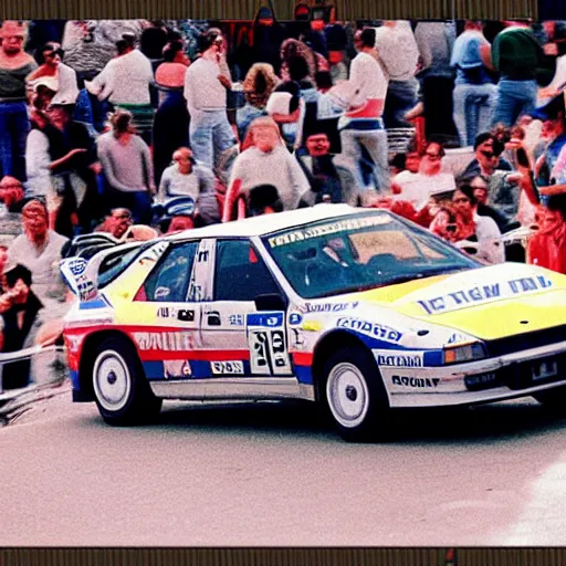 Prompt: “1983 group B rally Tesla model S jumping the Fafe jump in Portugal in the middle of a crowd VHS”