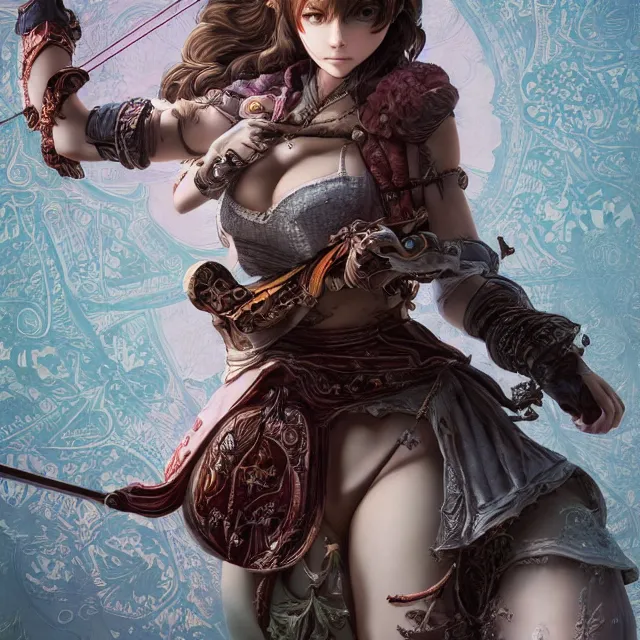 Image similar to the portrait of lawful neutral semi - colorful female archer socialite as absurdly beautiful, gorgeous, elegant, young gravure idol, an ultrafine hyperdetailed illustration by kim jung gi, irakli nadar, intricate linework, bright colors, octopath traveler, final fantasy, unreal engine 5 highly rendered, global illumination, radiant light, detailed and intricate environment