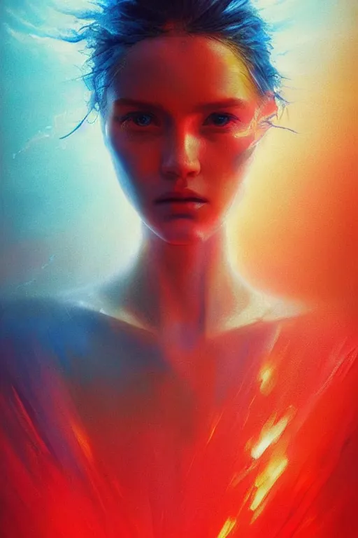 Image similar to 3 d, sci - fi, morning, sleepy fashion model face, sun, neon, cinematic, lightning clouds, vogue cover style, poster art, light red and deep blue mood, realistic painting, intricate oil painting, high detail, figurative art, multiple exposure, poster art, 3 d, by tooth wu and wlop and beeple and greg rutkowski