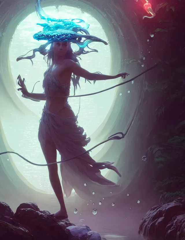 Image similar to highly detailed vfx portrait of a sorceress casting a water spell, unreal engine, greg rutkowski, loish, rads, beeple, makoto shinkai and lois van baerle, ilya kuvshinov, rossdraws, tom bagshaw, alphonse mucha, global lighting, detailed and complex environment