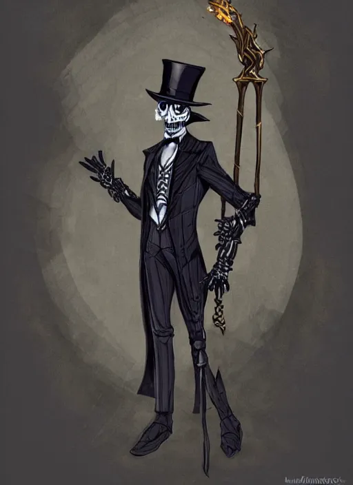 Image similar to DND character art, skeletal male figure, wearing a deep black suit!!! and tie and top hat, holding a gold! cane!, blue flames!!