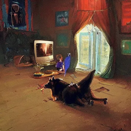 Image similar to a humanoid german shepherd beast - man, sitting and watching a soccer match in his house on television, he has hurt his knee and is a dad, by erin hanson, alexi zaitsev, karl spitzweg, award winning, tv set