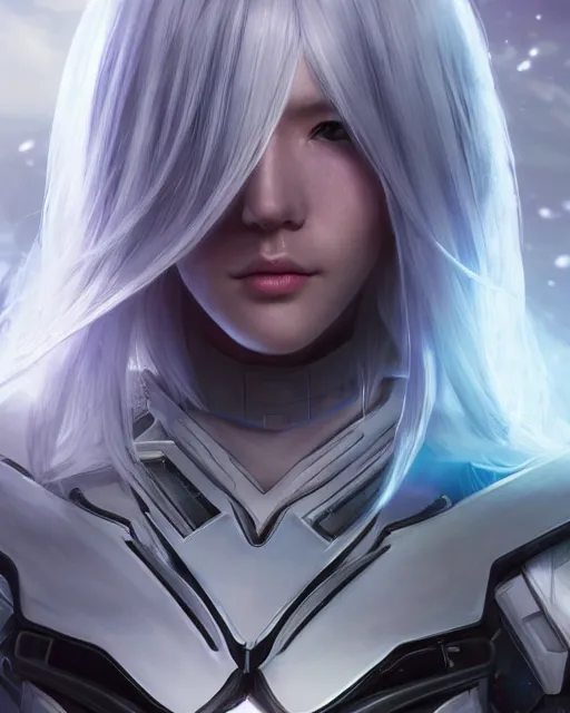 Image similar to perfect android girl on a mothership, warframe armor, beautiful face, scifi, futuristic, galaxy, nebula, bae suzy, dreamy, long white hair!!!, blue cyborg eyes, sharp focus, cinematic lighting, highly detailed, artstation, divine, by gauthier leblanc, kazuya takahashi, huifeng huang