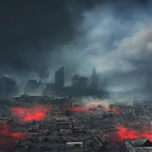 Prompt: destroyed city, dystopian, war, real, thick blue smoke, red clouds, detailed, award winning, masterpiece