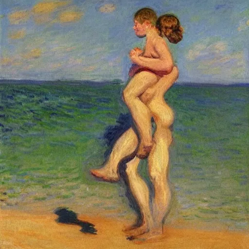 Prompt: a man carrying his child over his shoulders walking near the beach, anatomically correct, painting by monet, masterpiece