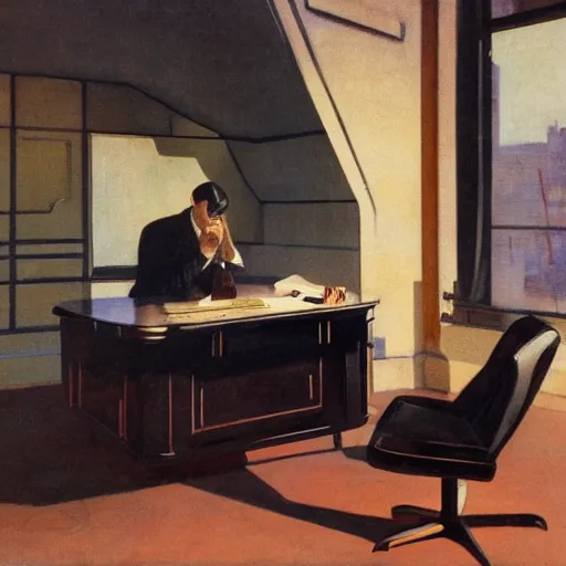 Image similar to man in futurist room, desk with coffee and black suit by leyendecker and dean cornwell, 8 feet from the camera, futuristic furniture