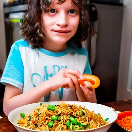 Image similar to kid with long hair and a mustache eating vegetable fried rice
