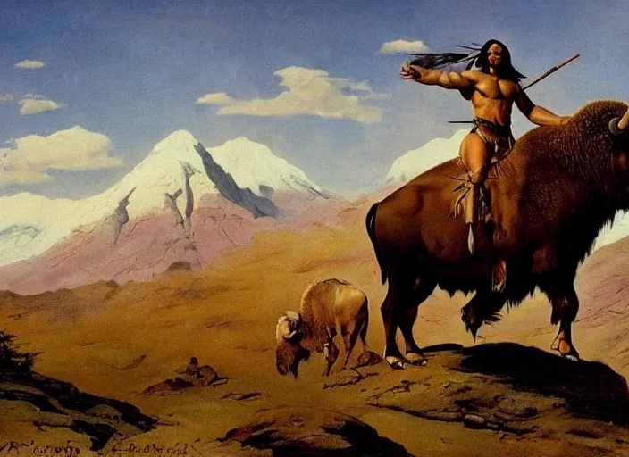 Image similar to native american riding bison, buffalo, native american warrior, mountain range, beautiful sky, standing on the edge of a cliff, 1 9 th century, painted by frazetta