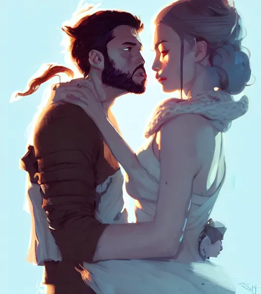 Image similar to portrait of jon kissing dany by atey ghailan, by greg rutkowski, by greg tocchini, by james gilleard, by joe fenton, by kaethe butcher, dynamic lighting, gradient light blue, brown, blonde cream and white color scheme, grunge aesthetic