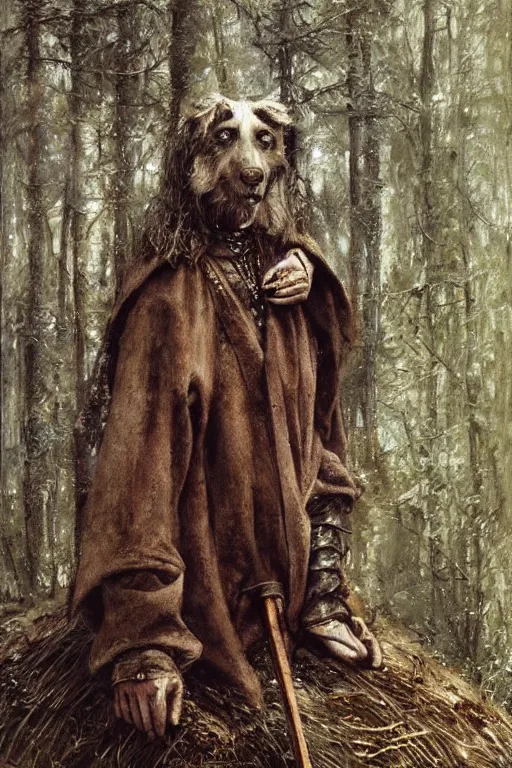 Image similar to slavic dog head man, woolen torso in medieval clothes, hiding in the forest, orthodox saint christopher, art by luis royo, oil painting, painting by viktor vasnetsov, concept art, hyperrealism, beautiful, high resolution, trending on artstation,