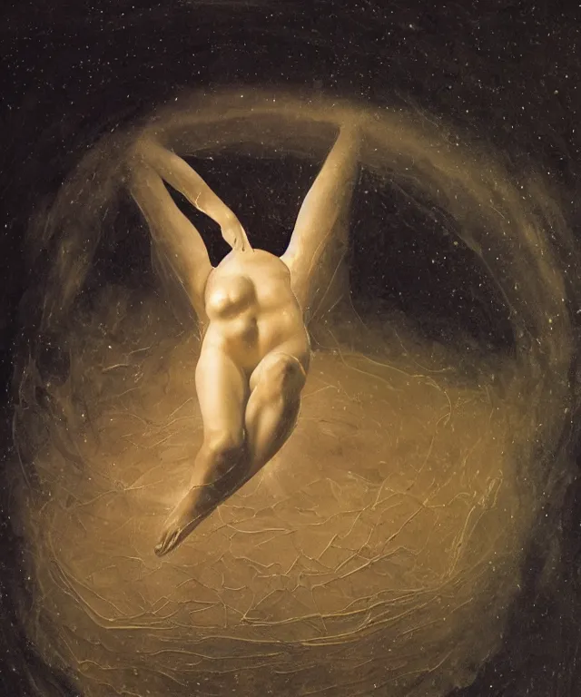 Prompt: Beautiful full-body wax sculpture of a glowing transparent woman inside egg with melted white wax in the singularity where stars becoming baroque folds of dark matter by Michelangelo da Caravaggio, Nicola Samori, William Blake, Alex Grey and Beksinski, dramatic volumetric lighting, highly detailed oil painting, 8k, masterpiece