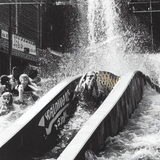 Prompt: 1 9 9 0 s polaroid photograph of a log flume going down a slide making a big splash, during the day, crowd of people getting splashed with water, weathered image artifacts