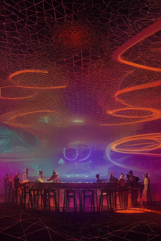 Prompt: a centered render of intricate modular synthesizer nightclub surrounded by ethereal lights and fractal geometry, cinematic, beautifully lit, by artgerm, by beeple, by karol bak, by donato giancola, by atelier olschinsky, 3 d, trending on artstation, octane render, 8 k