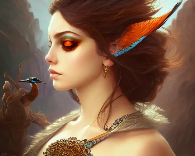 Image similar to eye makeup inspired by a kingfisher, deep focus, d & d, fantasy, intricate, elegant, highly detailed, digital painting, artstation, concept art, matte, sharp focus, illustration, hearthstone, art by artgerm and greg rutkowski and alphonse mucha