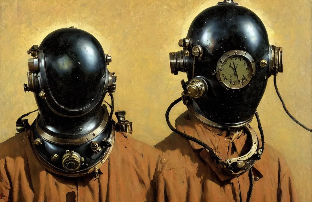 Image similar to portrait of deep sea diver helmet!!!!!!!!!!!!!!!!!!!!!!!!!!!, detailed face, detailed painting, epic lighting, by ilya repin, phil hale and kent williams