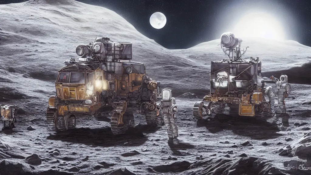 Prompt: travelling on a large vehicle on the moon, digital art, illustration, highly detailed, 4 k, 8 k