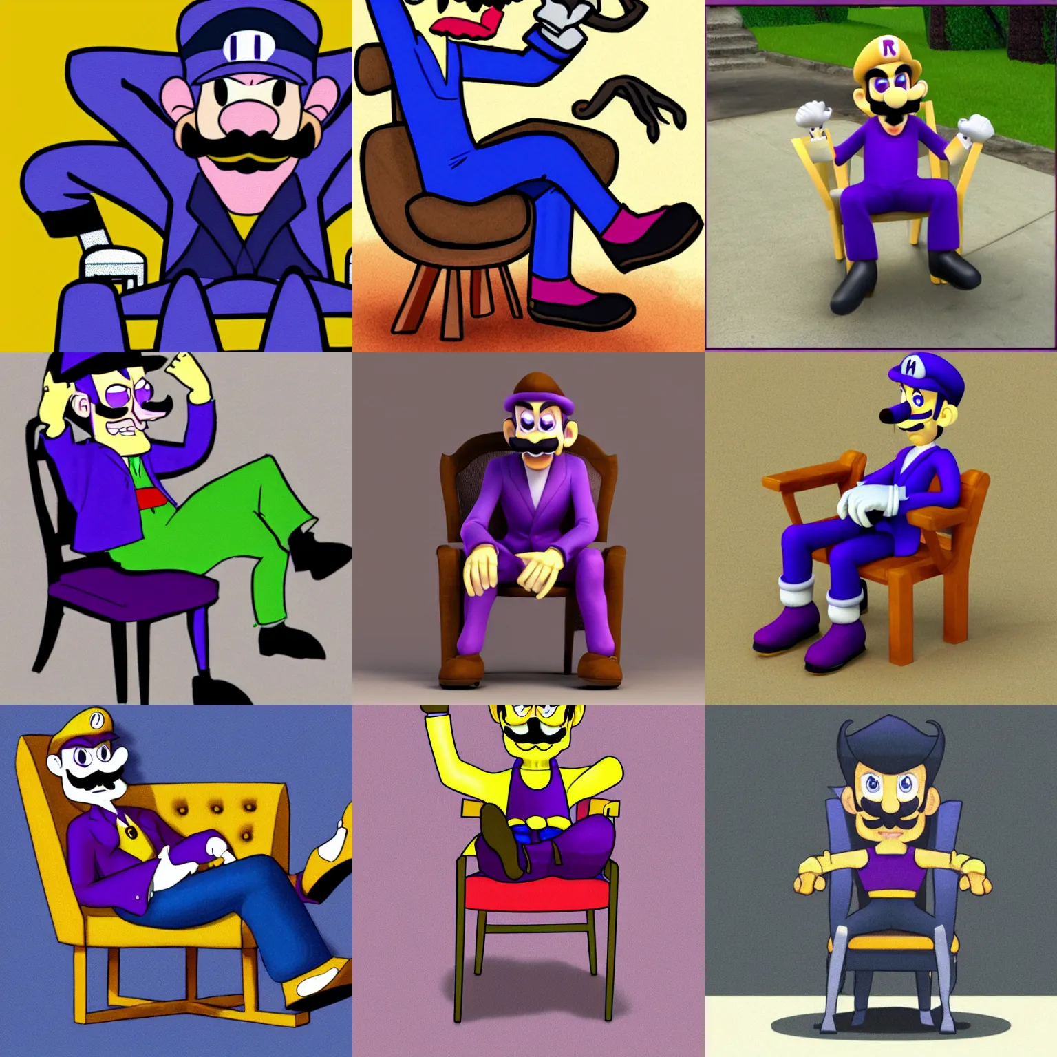 Prompt: Waluigi sitting menacingly in a chair