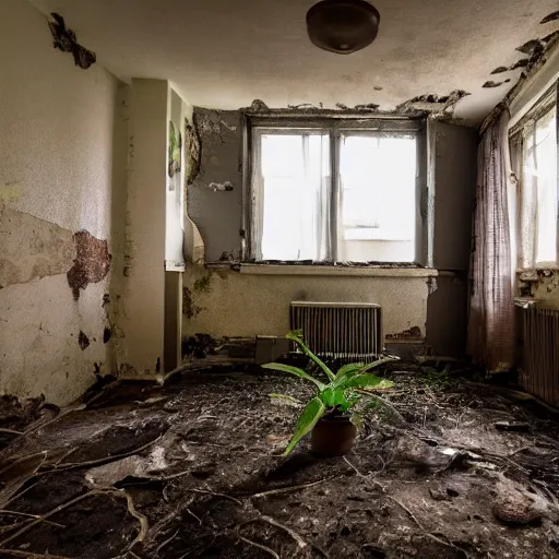 Image similar to an old hotel room, the walls are decaying, the floor has plants growing through cracks, the room is filled with tables and chairs, the tables have moldy food on them, sunlight is coming through a window, taken on a 2. 2 mm ultrawide camera.