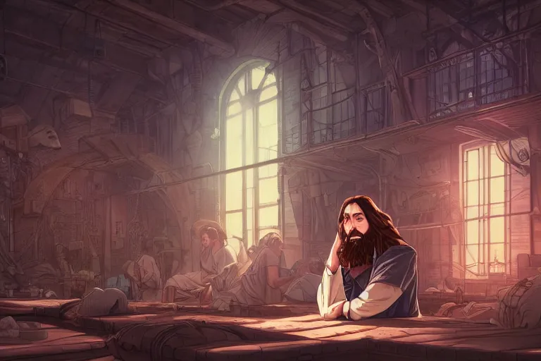 Prompt: a portrait of jesus praying, steampunk by dan mumford, yusuke murata and makoto shinkai, 8 k, cel shaded, unreal engine, featured on artstation, pixiv